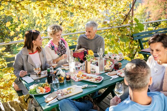 Familie & Freunde sitzen unter der Weinlaube mit steirischer Jause