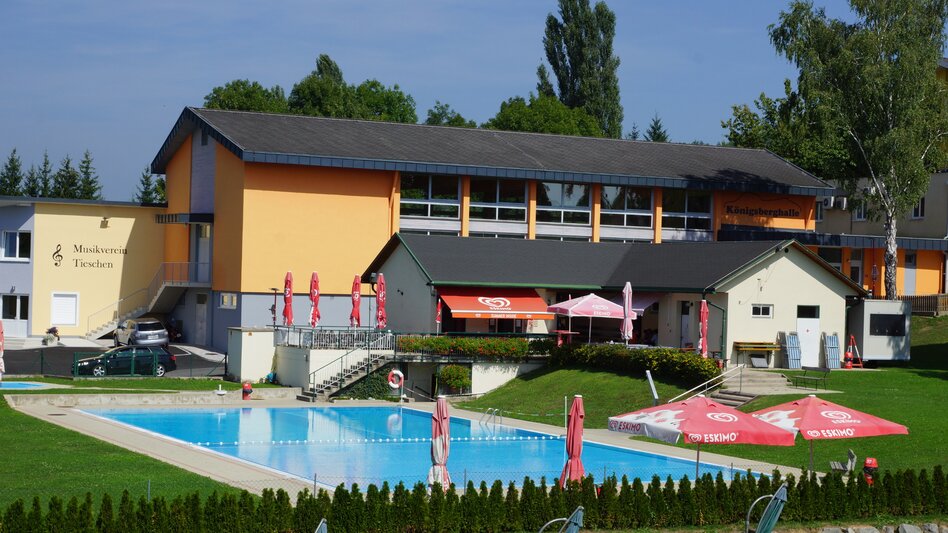Freibadbecken mit Gebäude im Hintergrund, Schirme