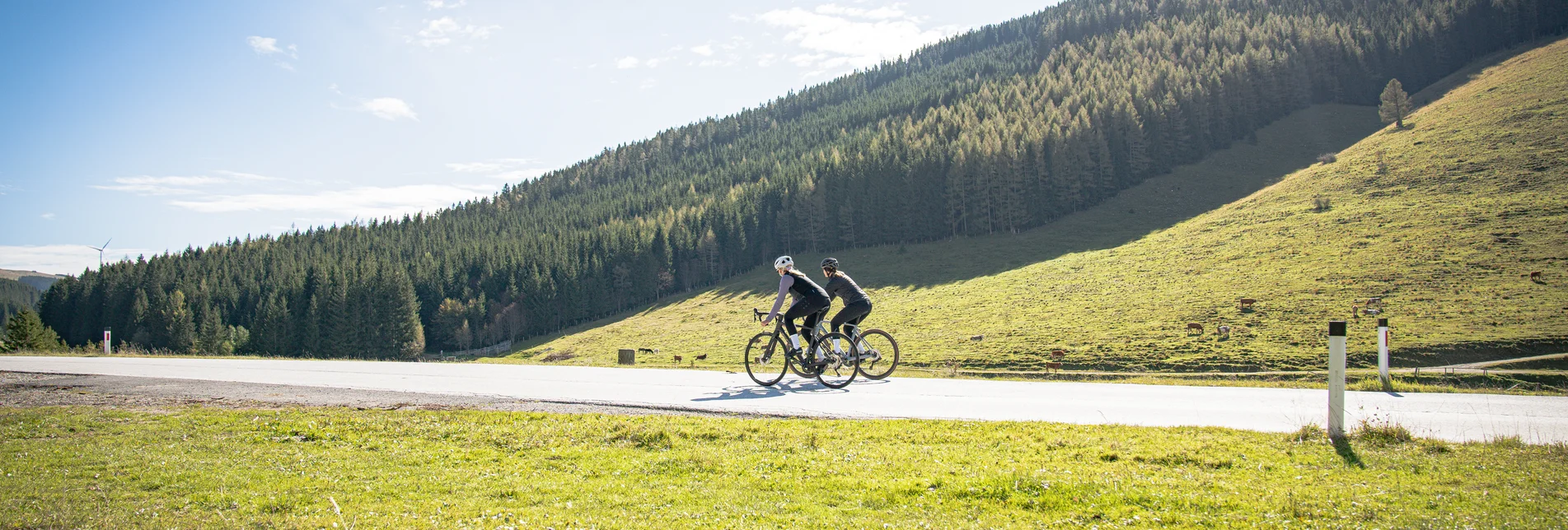 Rennradfahren durch die Landschaft des Almenlands in der Oststeiermark | © Oststeiermark Tourismus | Jaden Gynes