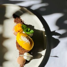 Plated dessert with fruit sorbet, chocolate, cream and mint at Trautentalwirt in the Graz Region.