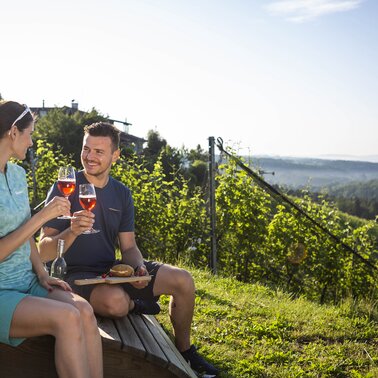 Genussradeln - Pärchen genießt Jause im Weingarten nach einer Biketour und mit einem Glas Schilcher