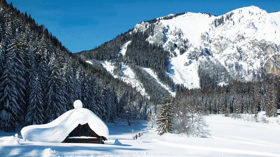 Eisenerzer Ramsau im Winter mit Meterhohem Schnee. Die Häuser sind eingeschneit mit hohem Schnee