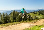 Downhill Biker springt die Downhill-Strecke hinunter im Hintergrund eine Almlandschaft