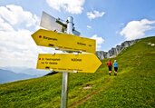 Im Vordergrund ein Wegweiser, im Hintergrund eine Almlandschaft und zwei Wanderer die Richtung Gipfel wandern
