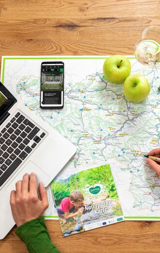 2 Arme mit grünen Ärmeln und ein Laptop, Handy, Prospekte, eine Steiermark-Karte auf einem Tisch zur Urlaubsvorbereitung in der Steiermark