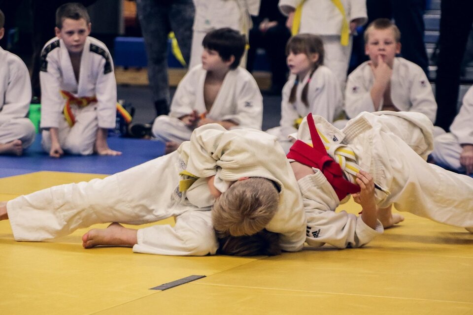 Zwei Kinder in Judokleidung kämpfen auf einer Matte. Im Hintergrund sitzen Zuschauer, die das Geschehen beobachten. | © Pixabay
