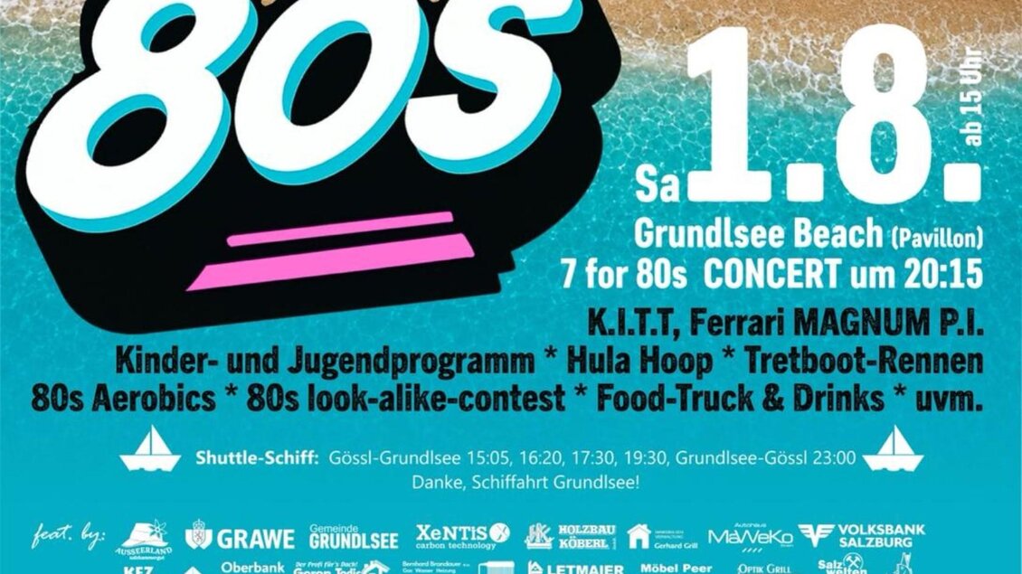 Ein buntes Poster für eine 80er-Jahre Veranstaltung am Grundlsee. Es zeigt die Programmpunkte wie Konzerte, Kinderaktivitäten und Speisenstände. | © Inez Grieshofer