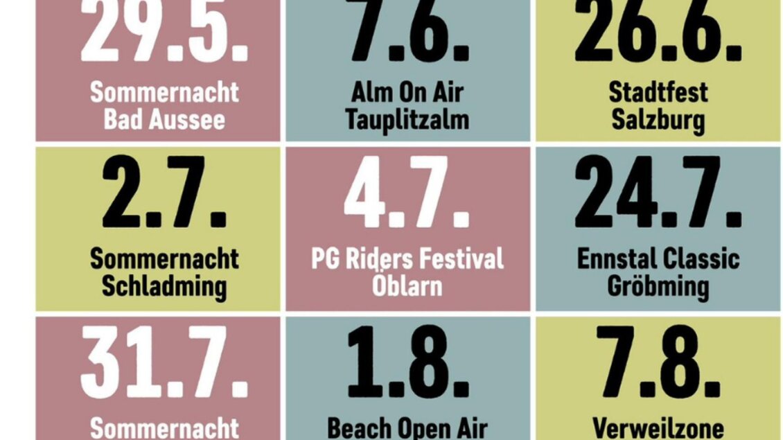Ein Farbschema mit verschiedenen Veranstaltungen und Daten. Die Veranstaltungen sind in einer Tabelle angeordnet, darunter Sommernächte, Festivals und Stadtfeste. | © Inez Grieshofer