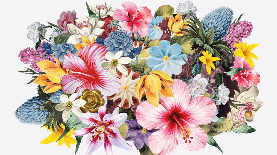 Ein buntes Arrangement aus verschiedenen Blumen in lebhaften Farben. Die Komposition zeigt eine Vielfalt an floralen Motiven und Farben. | © grafprom