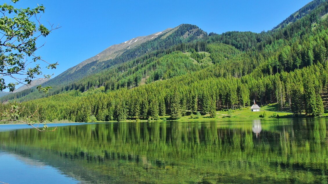 Ein ruhiger See, umgeben von hohen Bergen und dichten Wäldern. Die spiegelnde Wasseroberfläche reflektiert die grüne Landschaft. | © Klosterwald GmbH