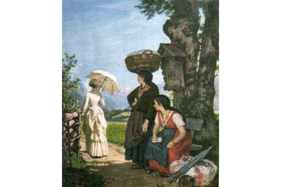 Ein historisches, altes Gemälde zeigt 3 Damen zur Sommerfrische im Ausseerland im Schatten eines Baumes.  | © Kammerhofmuseum