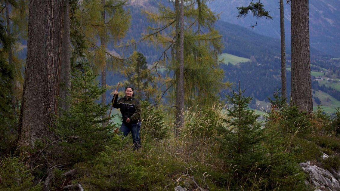 Frau Sabine Jungwirth, Revierleiterin der Österreichischen Bundesforste, steht zwischen den Bäumen in einem Waldgebiet. | © T. Kranabitl.
