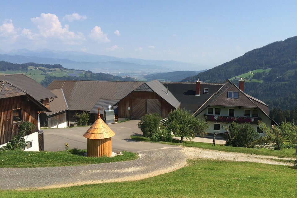 Eine malerische Landschaft mit mehreren Häusern und sanften Hügeln im Hintergrund. Der Himmel ist blau mit einigen Wolken, und die Umgebung ist grün und einladend. | © Bauernhof Schirk