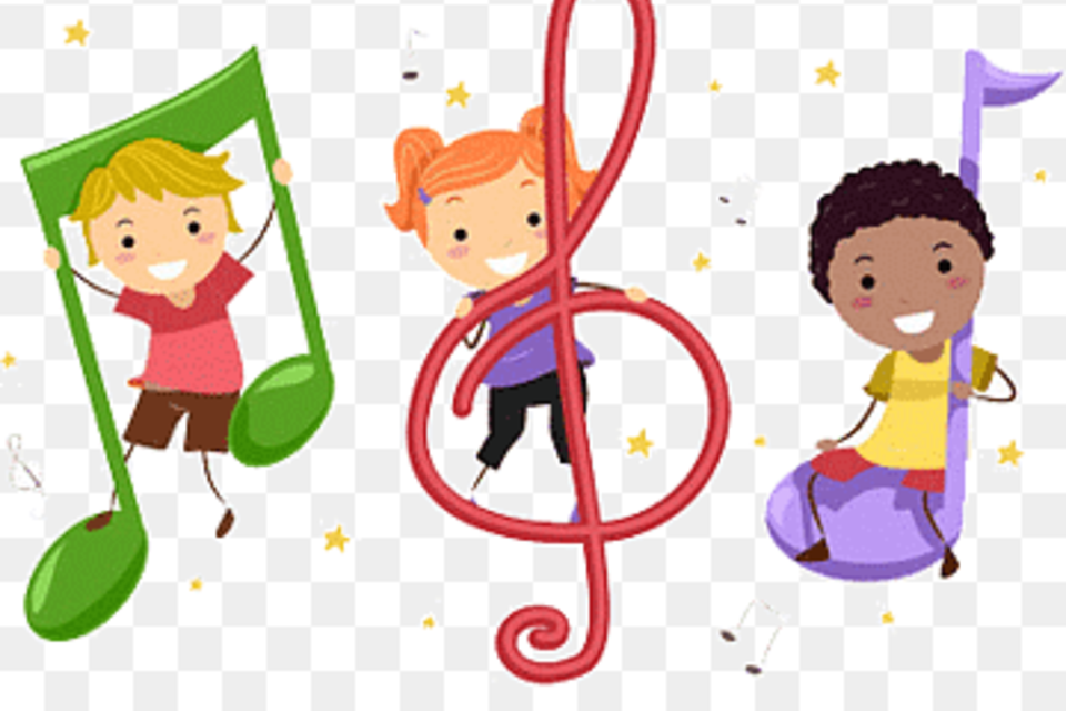 Drei fröhliche Kinder tanzen und spielen zwischen bunten Musiknoten. Im Hintergrund sind kleine Sterne zu sehen. | © Pixabay
