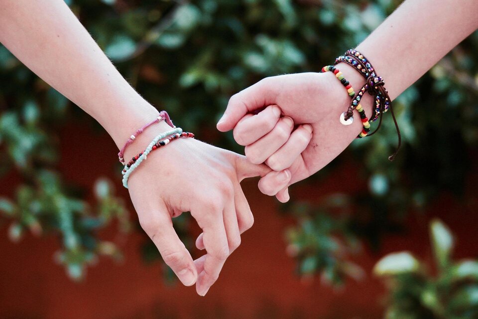 Zwei Hände halten sich gegenseitig an den Fingern. Sie sind mit bunten Armbändern geschmückt und umgeben von einer grünen Pflanzenkulisse. | © Pixabay