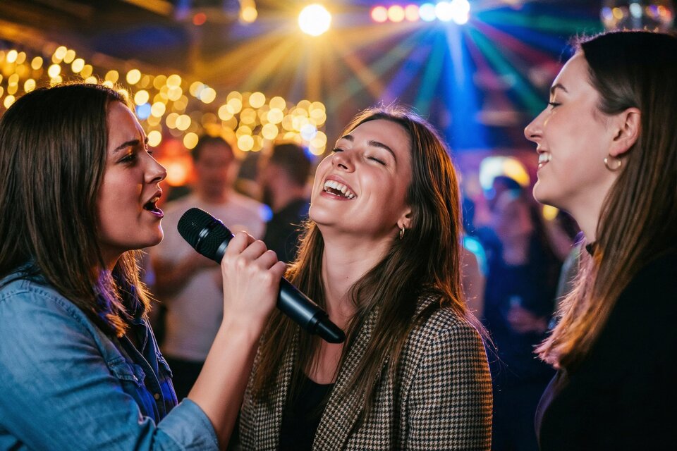 Drei Frauen singen fröhlich in einem lebhaften Club. Bunte Lichter und eine festliche Atmosphäre schaffen eine tolle Stimmung. | © Pixabay