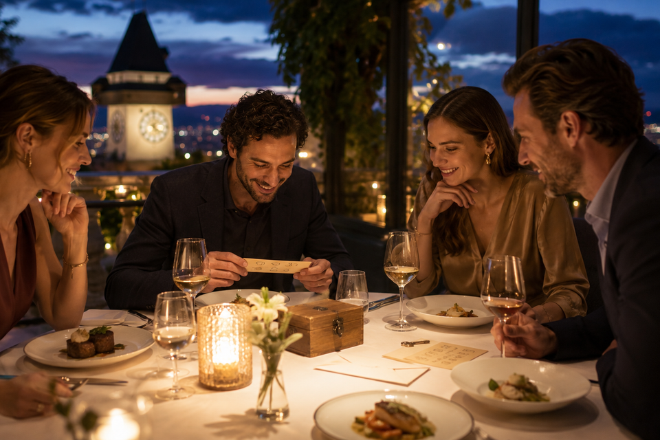 Menschen beim Escape Dinner auf Terrasse am Grazer Schlossberg mit Uhrturm und beleuchteter Altstadt in der Abenddämmerung. | © ChatGPT-Christine Rotschädl