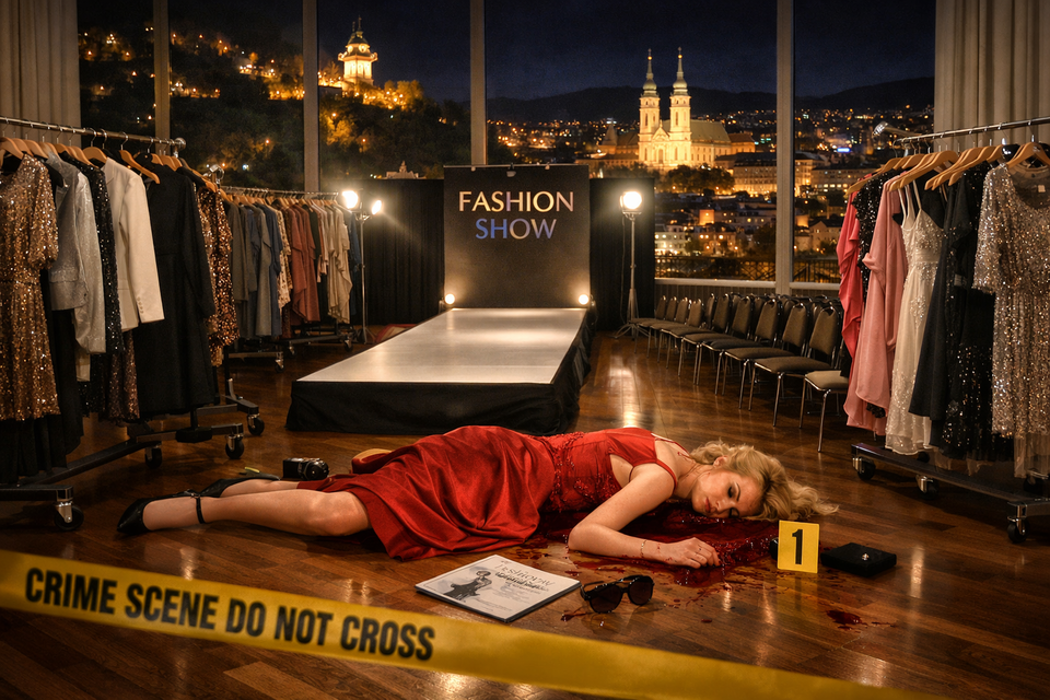 Inszenierter Tatort beim Krimidinner im Restaurant Schlossberg Graz mit Laufsteg, Mode und nächtlichem Stadtblick. | © ChatGPT-Christine Rotschädl