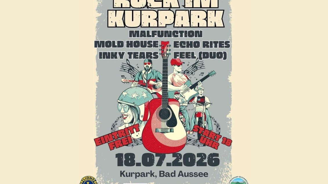 Ein buntes Plakat für ein Event namens "Rock im (Kur)Park". Es enthält die Wörter "Malfunction" und "Container of Fools" sowie einen QR-Code. | © Verein Jugendzentrum Ausseerland