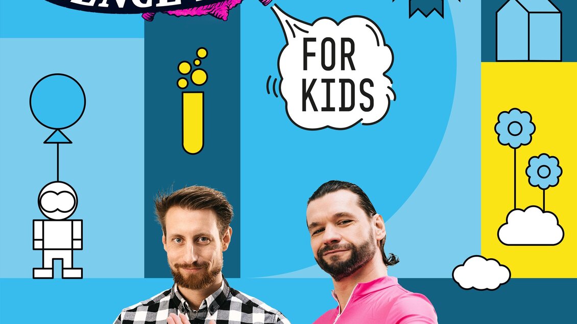 Zwei Männer stehen vor einem bunten Hintergrund mit verschiedenen Wissenschaftssymbolen. Es handelt sich um eine Werbung für "Science Busters" für Kinder.