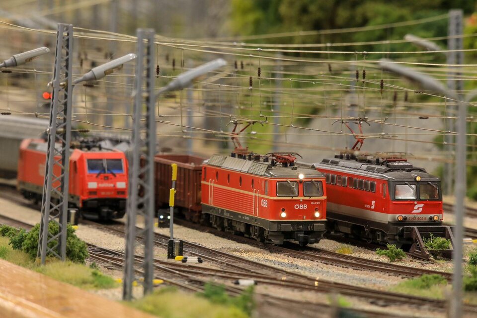 Eine Modellbahn mit mehreren roten Lokomotiven auf Schienen. Im Hintergrund sind zwei weitere Züge und Grünflächen zu sehen. | © ESV Knittelfeld