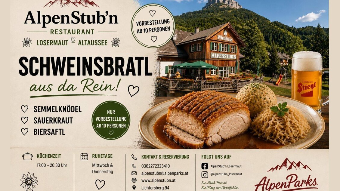 <p>Die AlpenStub'n hat mit dem Schweinsbratl mit Semmelknödel, Sauerkraut und einem Biersaft ein besonderes kulinarisches Angebot.</p> | © Sabine Rauter_AlpenParks Hagan Lodge