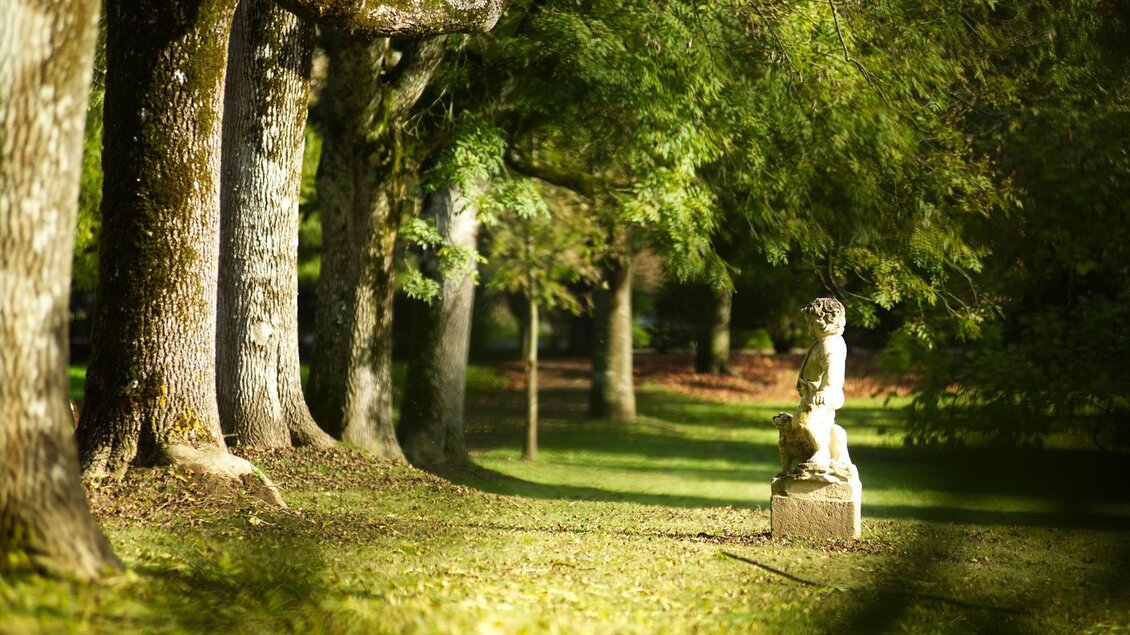 <p>Eine ruhige Parklandschaft im Curpark Bad Gleichenberg mit hohen Bäumen und sanftem Licht. In der Mitte steht eine Statue auf einer Rasenfläche.</p> | © Thermen- & Vulkanland