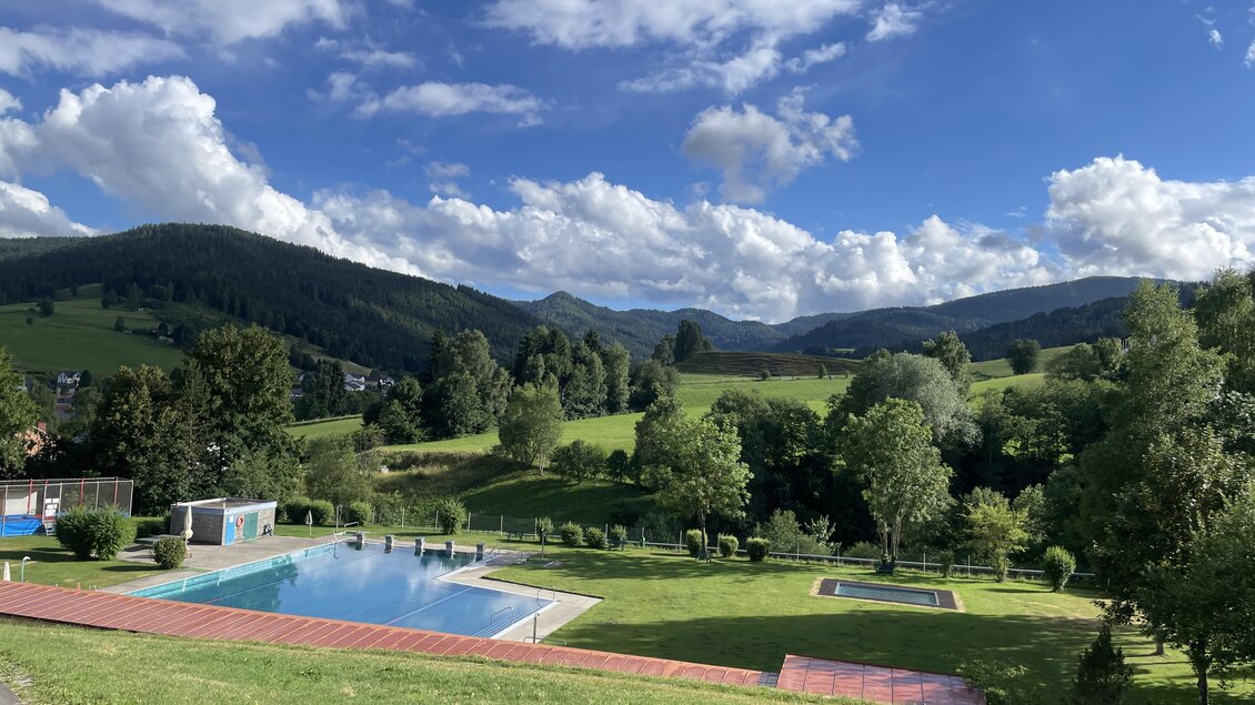 Eine ruhige Landschaft mit einem Pool und Blick auf die Berge. Der Himmel ist teilweise bewölkt und die Natur ist grün. | © Tourismusverband Murau