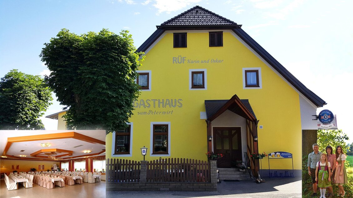 Ein gelbes Gasthaus mit einem einladenden Eingang und schönem Außengelände. Im Hintergrund ist ein festlich dekorierter Innenraum zu sehen. | © Gasthaus Rüf-Peterwirt