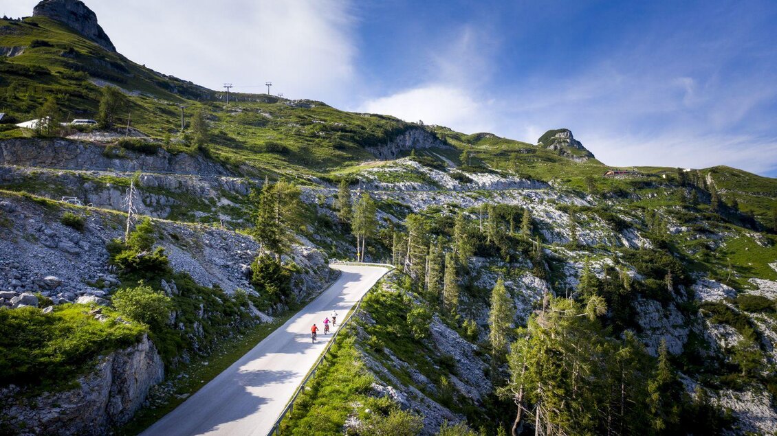 Eine kurvenreiche Straße führt durch eine grüne Berglandschaft. Im Hintergrund sind hohe Berge und ein klarer blauer Himmel zu sehen. | © TVB Ausseerland - Salzkammergut-Tom Lamm