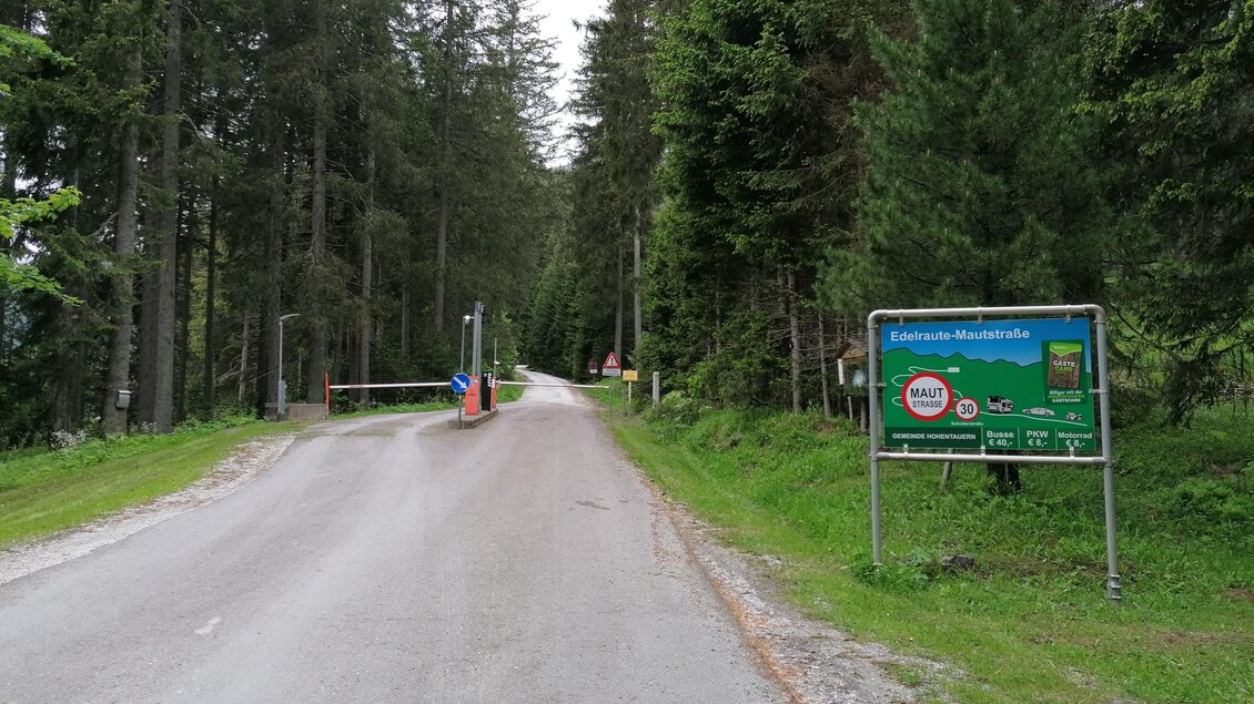 Eine enge Straße führt durch einen Wald mit hohen Bäumen. Ein Schild informiert über den Zugang zur Umgebung. | © Marlene Zandl