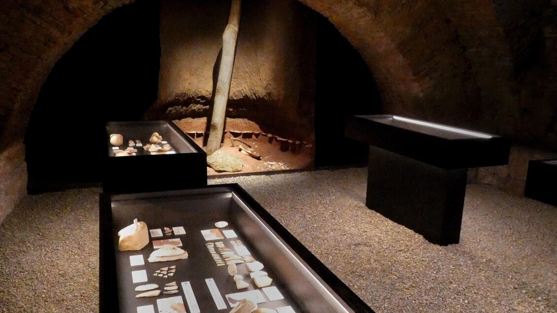 Ausstellungsraum der Stein.Zeit. im Kellergewölbe von Stift Rein mit beleuchteten Vitrinen und archäologischen Steinzeitfunden. | © Stift Rein