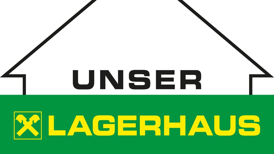 Ein einfaches Logo mit einem Hausdach. Es zeigt die Worte "UNSER LAGERHAUS" und "DIE KRAFT AM LAND" in Gelb und Schwarz auf grünem Hintergrund. | © Lagerhaus