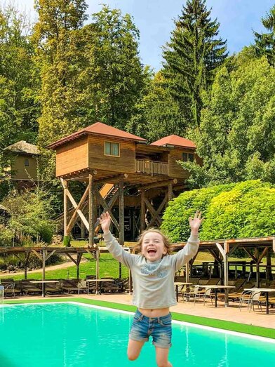 Tree hotel complex with saltwater pool in Styrassic Park | © Styrassic Park GmbH | Fotograf | © Styrassic Park GmbH