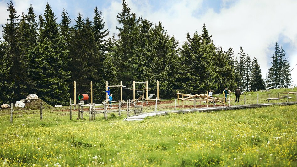 Der Motorikparkour Schöckl umgeben von Natur und Bäumen, ideal für Kinder. | © Lupi Spuma